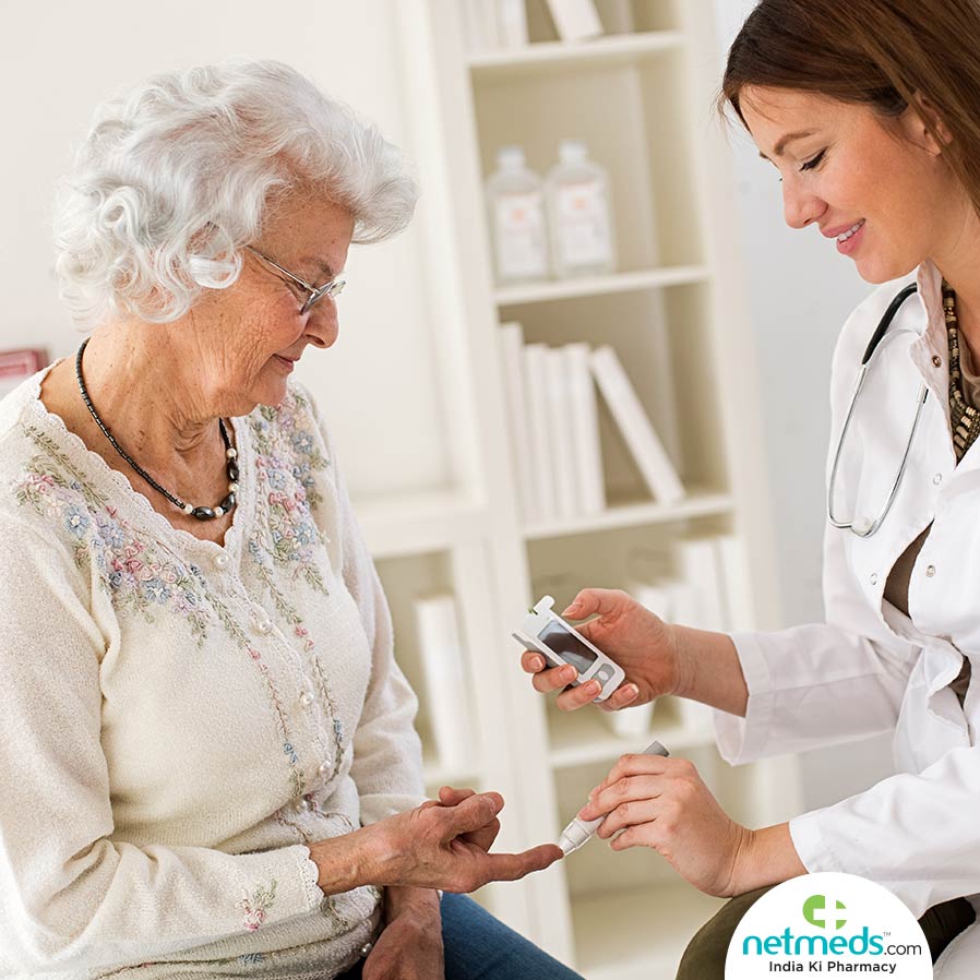 Doctor Checking Old Woman For Diabetes