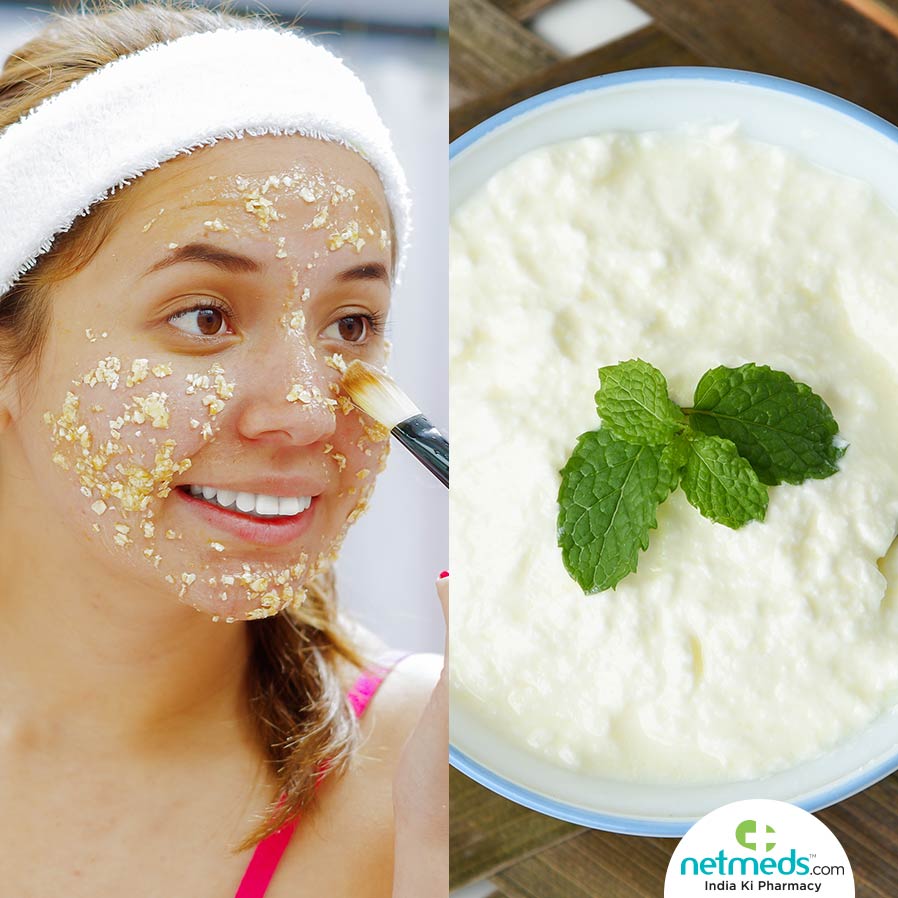 Applying oats on the face for Sunburn and curd rice