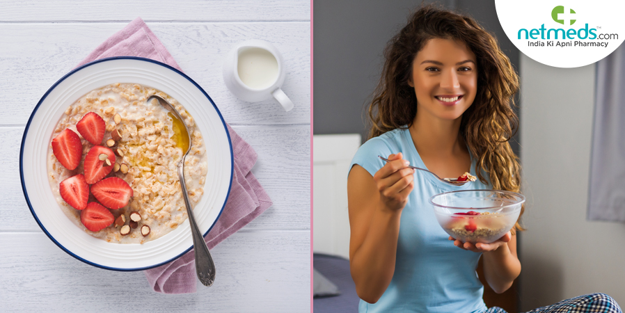 Oats and a woman eating oats