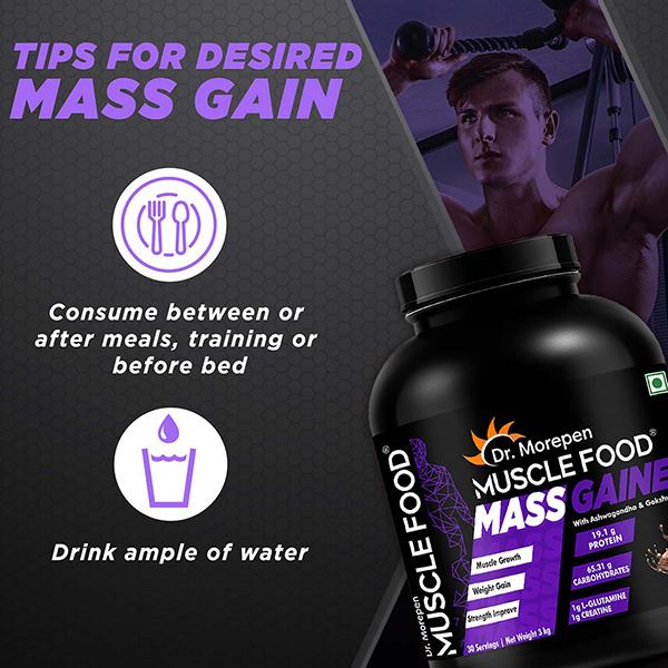 Dr. Morepen Muscle Food Mass Gainer Powder - Chocolate 3 kg - Workout Essentials