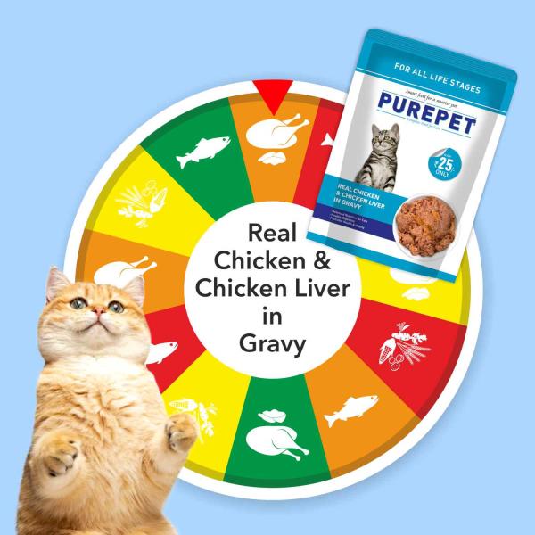 Purepet Wet Cat Food, Real Chicken and Chicken Liver in Gravy, 24 Pouches (24 x 70g) 1600 gm - Petfood