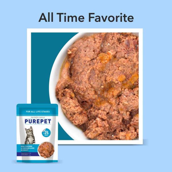 Purepet Wet Cat Food, Real Chicken and Chicken Liver in Gravy, 24 Pouches (24 x 70g) 1600 gm - Petfood