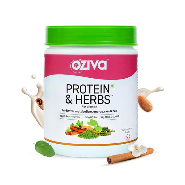 Netmeds | OZiva Protein and Herbs Powder for Weight Control - Vanilla Almond 500 gm