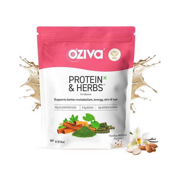 Netmeds | OZiva Protein and Herbs Powder for Weight Control - 2lbs- Vanilla Almond 945 gm