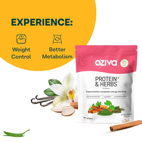 OZiva Protein and Herbs Powder for Weight Control - 2lbs- Vanilla Almond 945 gm - Weight Gain