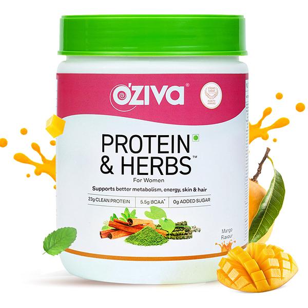 Netmeds | OZiva Protein & Herbs for Women - Manage Weight & Metabolism, Reduce Body Fat, No Sugar Whey Protein (Mango) 500 gm