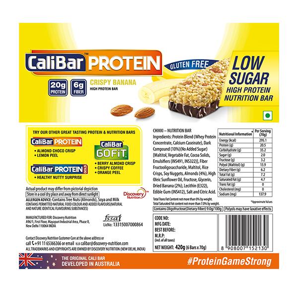 CaliBar Low Sugar High Protein Bar - Crispy Banana (Pack of 6 x 70 gm) - Nutritional Bars