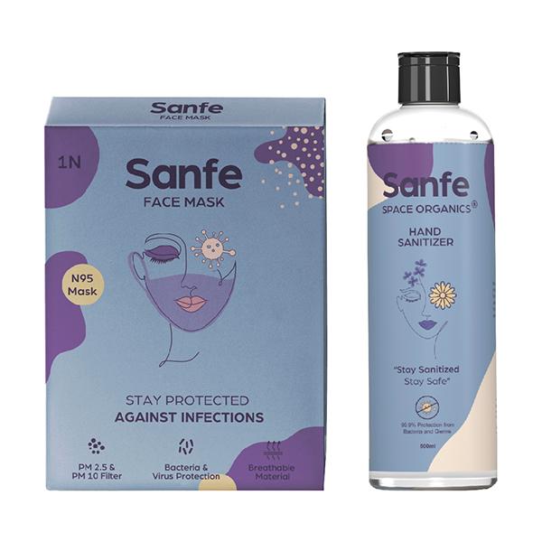 Netmeds | Sanfe Breathe Safe Combo Pack (Sanfe N95 Face Mask + Sanfe Space Organics Hand Sanitizer 500 ml)