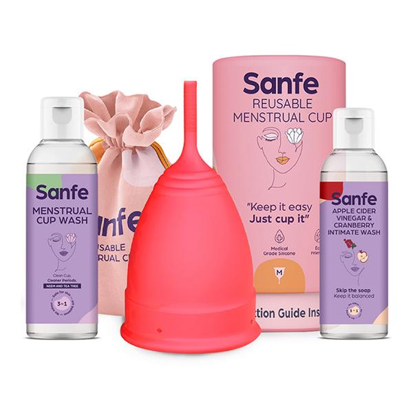 Netmeds | Sanfe Combo Pack (Reusable Menstrual Cup - Medium + Intimate Wash 100 ml + Menstrual Cup Wash 100 ml)
