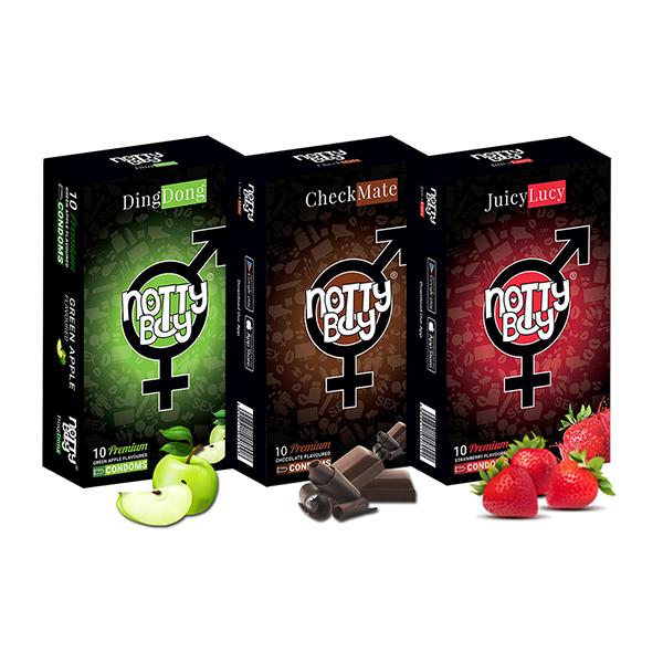 Netmeds | NottyBoy Condoms Combo - DingDong + CheckMate + JuicyLucy (Pack of 10's each)