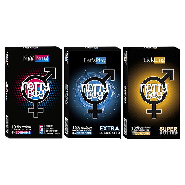 Netmeds | NottyBoy Condoms Combo - BiggBang + Let'sPlay + TickLing (Pack of 10's Each)