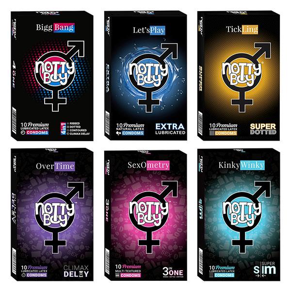 Netmeds | NottyBoy Condoms Combo - BiggBang + Let'sPlay + TickLing + OverTime + SexOmetry + KinkyWinky (Pack of 10's Each)