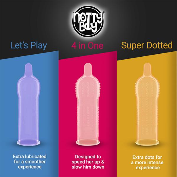 NottyBoy Condoms Combo - BiggBang + Let'sPlay + TickLing + OverTime + SexOmetry + KinkyWinky (Pack of 10's Each) - Plain/Flavoured Condoms