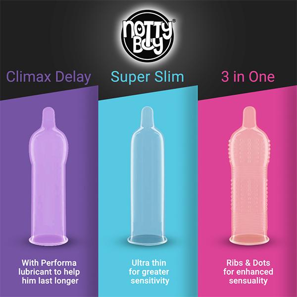 NottyBoy Condoms Combo - BiggBang + Let'sPlay + TickLing + OverTime + SexOmetry + KinkyWinky (Pack of 10's Each) - Plain/Flavoured Condoms