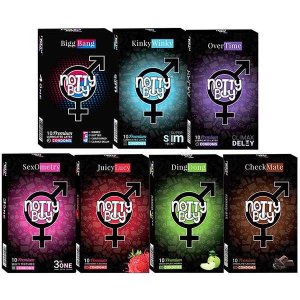Netmeds | NottyBoy Condoms Combo - BiggBang + KinkyWinky + OverTime + SexOmetry + JuicyLucy + DingDong + CheckMate (Pack of 10's Each)