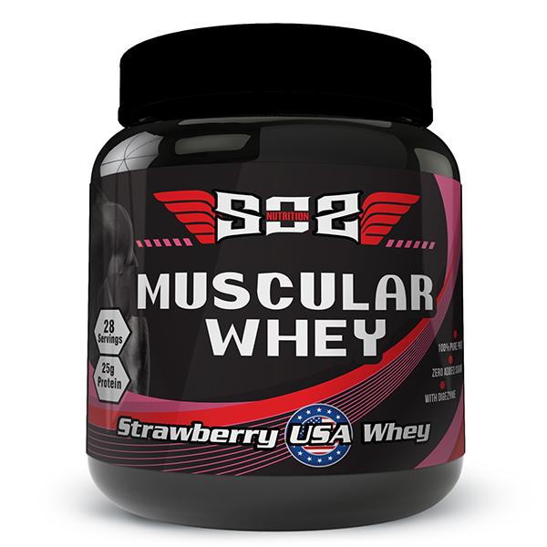 SOS Nutrition Muscular Whey Protein Powder - Strawberry Flavour 2 lb - Whey Proteins