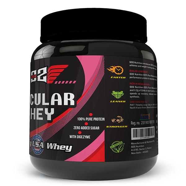 SOS Nutrition Muscular Whey Protein Powder - Strawberry Flavour 2 lb - Whey Proteins