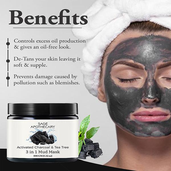 Sage Apothecary Activated Charcoal & Tea Tree 3 in 1 Mud Mask 100 gm - Masks & Peels