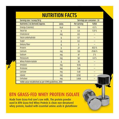 BTN Grass-Fed Whey Protein Isolate Powder 1 kg - Whey Proteins