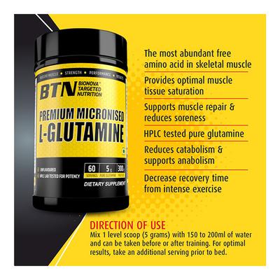 BTN Premium Micronized L-Glutamine Powder 300 gm - Amino Acids
