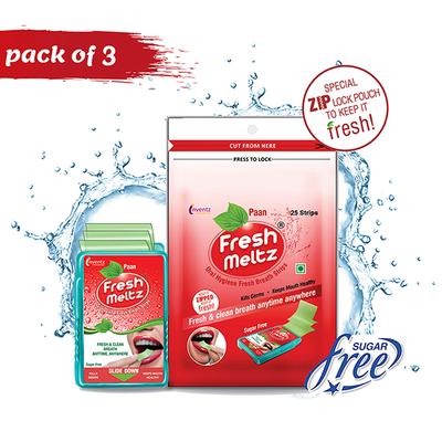 Inventz Fresh Meltz Sugar Free Oral Hygiene Fresh Breath Strip - Paan (Pack of 3 x 25's) - Mouth Refreshners