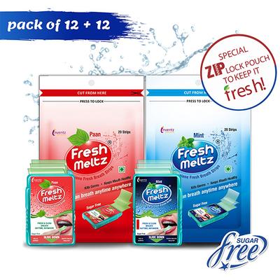 Inventz Fresh Meltz Sugar Free Oral Hygiene Fresh Breath Strip - Paan & Mint (Pack of 24 x 25's) - Mouth Refreshners