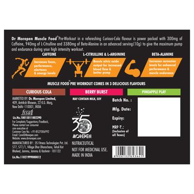 Dr. Morepen Muscle Food Pre Workout 300 Powder - Curious Cola 250 gm - Workout Essentials