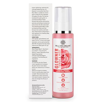 Bella Vita Organic Glowner Rose Water Face Toner & Mist - Natural Toner Spray for Glowing Skin for All Skin Type 100 ml - Face Mists