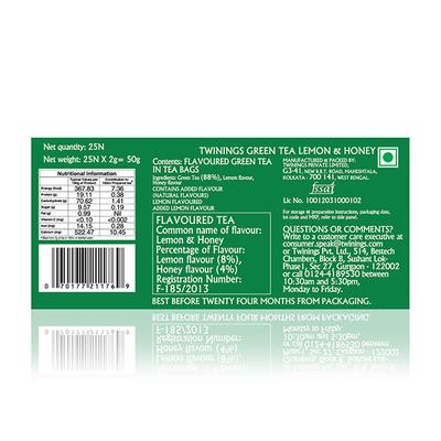 Twinings of London Green Tea Bag - Lemon & Honey (25 x 2 gm) - Teas