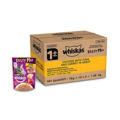 Whiskas Tasty Mix Chicken Meat and Tuna with Carrots in Gravy (Pack of 70gm x 24) 1680 gm - Petfood
