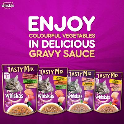 Whiskas Tasty Mix Chicken Meat and Tuna with Carrots in Gravy (Pack of 70gm x 24) 1680 gm - Petfood