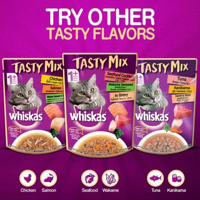Whiskas Tasty Mix Chicken Meat and Tuna with Carrots in Gravy (Pack of 70gm x 24) 1680 gm - Petfood