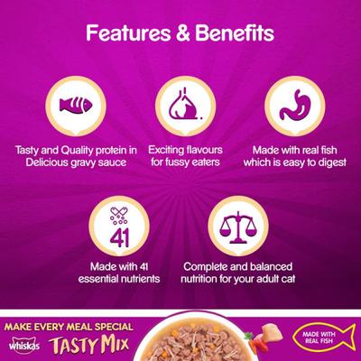 Whiskas Tasty Mix Chicken Meat and Tuna with Carrots in Gravy (Pack of 70gm x 24) 1680 gm - Petfood