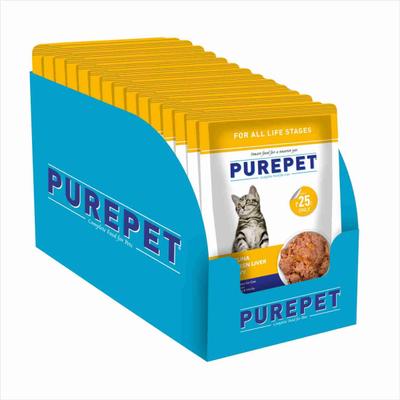 Purepet Wet Cat Food, Real Tuna and Chicken Liver in Gravy, 15 Pouches (15 x 70g) 1050 gm - Petfood