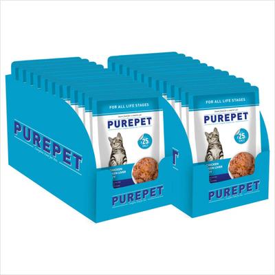 Purepet Wet Cat Food, Real Chicken and Chicken Liver in Gravy, 24 Pouches (24 x 70g) 1600 gm - Petfood