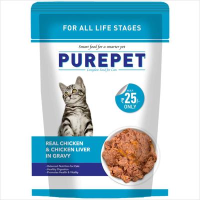 Purepet Wet Cat Food, Real Chicken and Chicken Liver in Gravy, 24 Pouches (24 x 70g) 1600 gm - Petfood