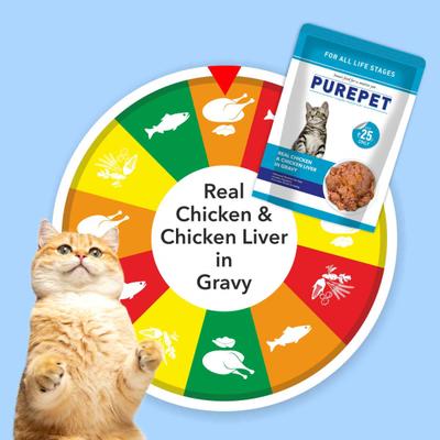 Purepet Wet Cat Food, Real Chicken and Chicken Liver in Gravy, 24 Pouches (24 x 70g) 1600 gm - Petfood