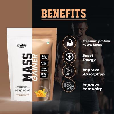 Onelife Mass Gainer Powder - Mango (Pouch) 1 kg - Workout Essentials