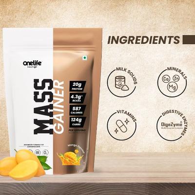 Onelife Mass Gainer Powder - Mango (Pouch) 1 kg - Workout Essentials
