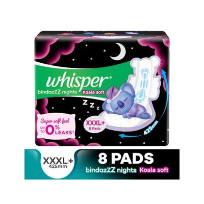 Whisper Bindazzz Nights Koala Soft Sanitary Pads for Women, XXXL+ 8 Napkins 96 gm - Sanitary Napkins