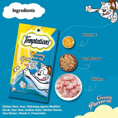 Temptations Treats for Cats Creamy Purrrree - Chicken & Tuna Flavour (Pack of 12 gm x 4) 1's - Petfood