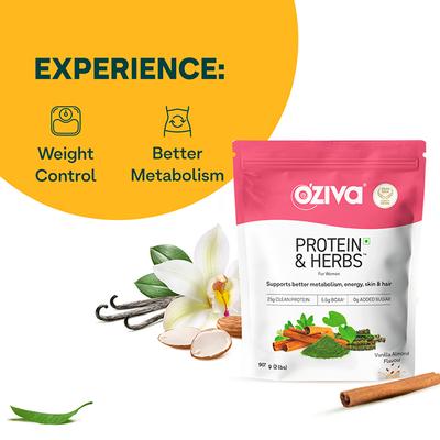 OZiva Protein and Herbs Powder for Weight Control - 2lbs- Vanilla Almond 945 gm - Weight Gain
