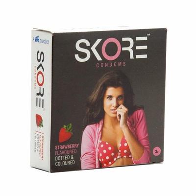 Skore Condoms Strawberry Flavoured Dotted & Coloured 3's - Plain/Flavoured Condoms
