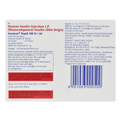 Insuman Rapid 100IU Cartridge 1X3ml - Diabetes-Ins