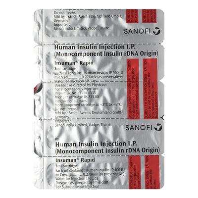 Insuman Rapid 100IU Cartridge 1X3ml - Diabetes-Ins