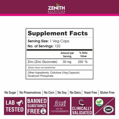 Zenith Nutrition Zinc Gluconate 30 mg Veg Capsules 120's - Calcium And Minerals