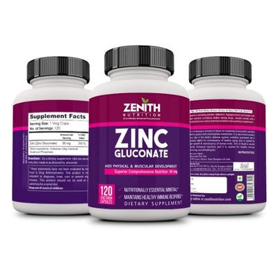 Zenith Nutrition Zinc Gluconate 30 mg Veg Capsules 120's - Calcium And Minerals