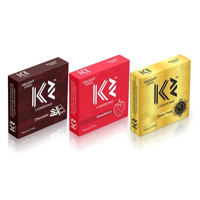 K2 Condoms Combo (Chocolate, Strawberry, Extra Time without Flavor - Pack of 3 x 3's Each) - Plain/Flavoured Condoms