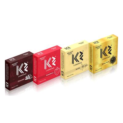 K2 Condoms (Chocolate, Strawberry, Vanilla, Extra Time without Flavor - Pack of 4 x 3's Each) - Plain/Flavoured Condoms