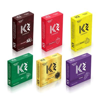 K2 Condoms Combo (Chocolate, Strawberry, Banana - Pack of 3 x 10's Each) + (Mint, Extra Time without Flavor, Grapes - Pack of 3 x 3's Each) - Plain/Flavoured Condoms